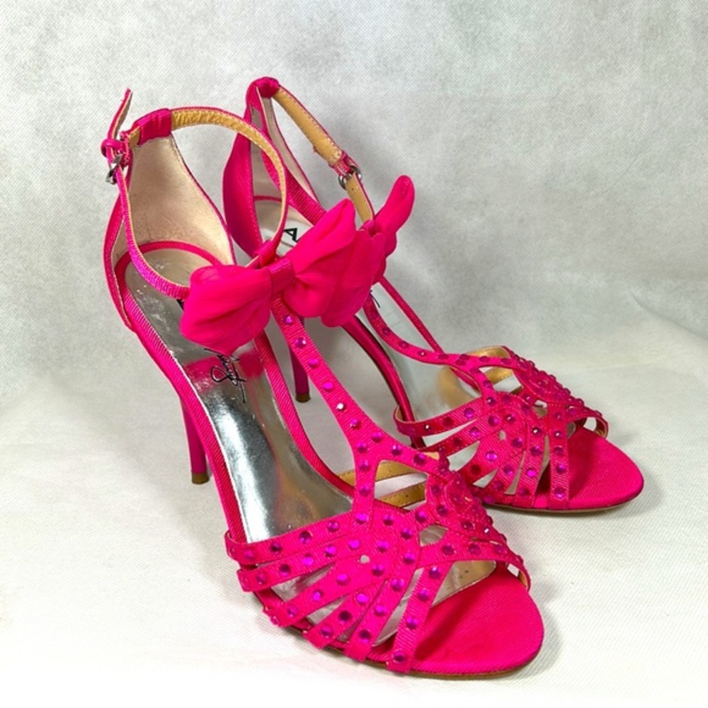 ABS by Allen Schwartz Canary Prom Formal Bow T-Strap Party Heels in Barbie Pink